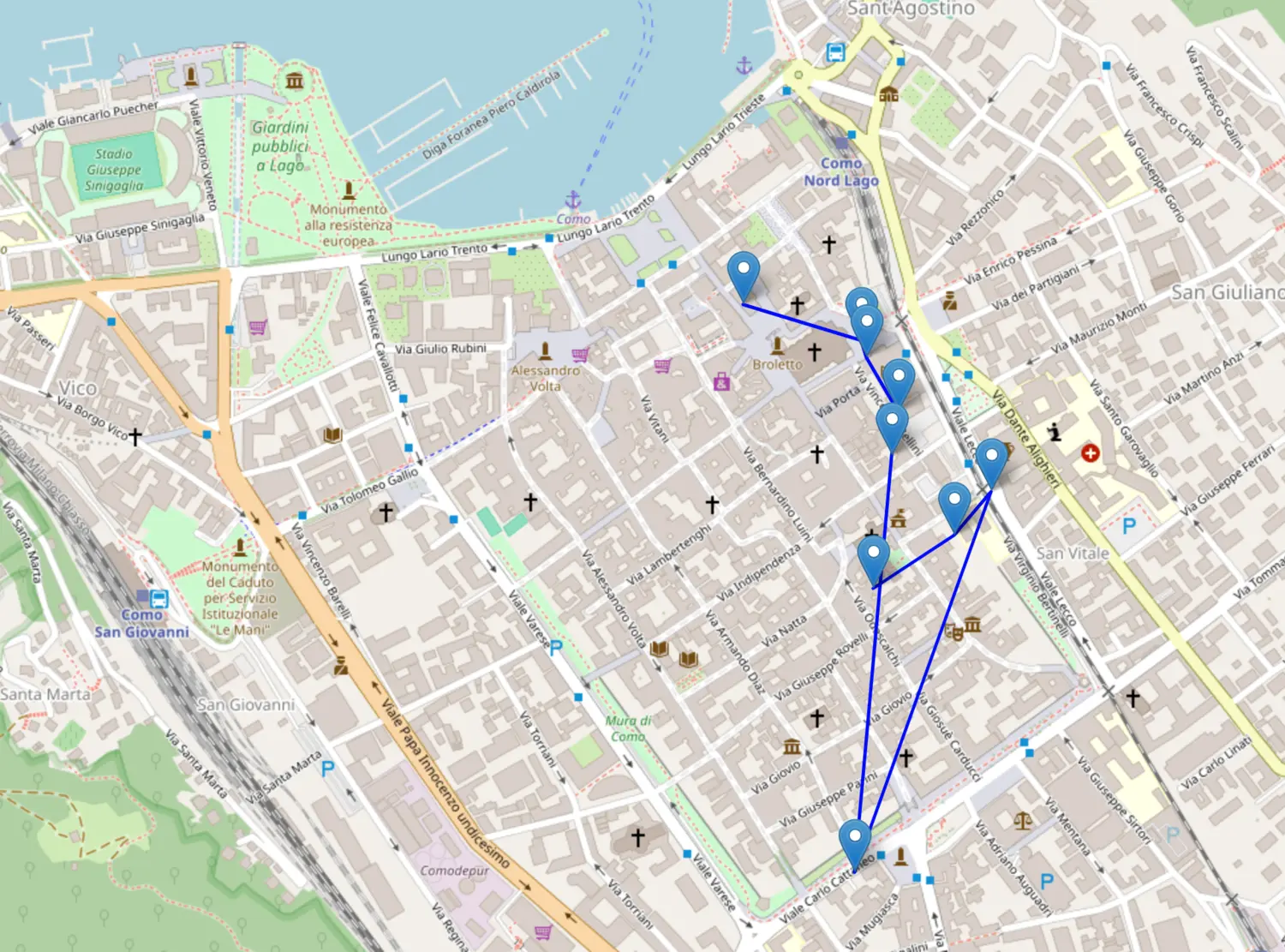Map of the Como old town walking route